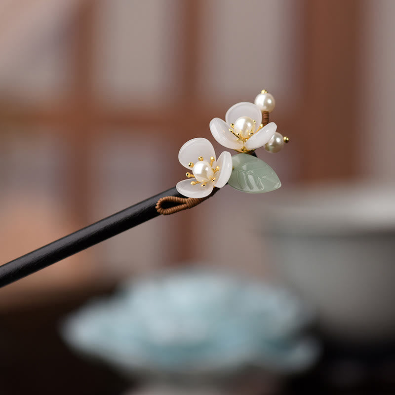Épingle à cheveux de protection Foviel en bois grainé, verre liuli et perle, motif fleurs de magnolia