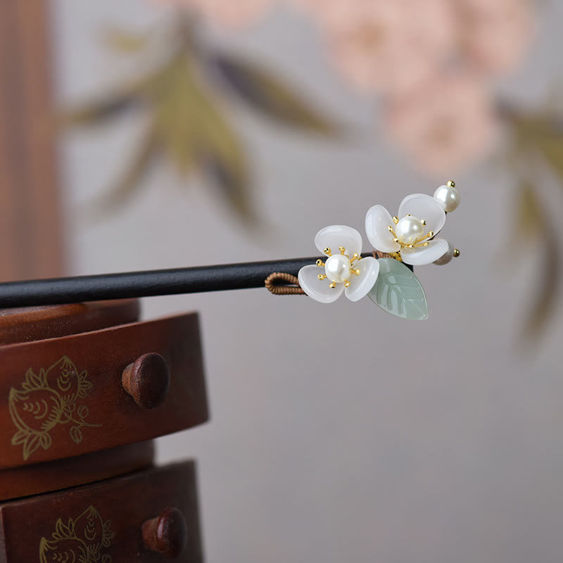 Épingle à cheveux de protection Foviel en bois grainé, verre liuli et perle, motif fleurs de magnolia