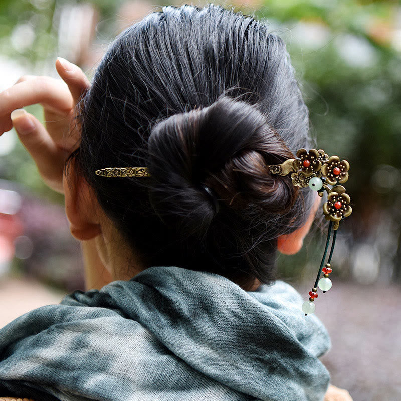 Foviel Green Aventurine Red Agate Alloy Flowers Soothing Hairpin