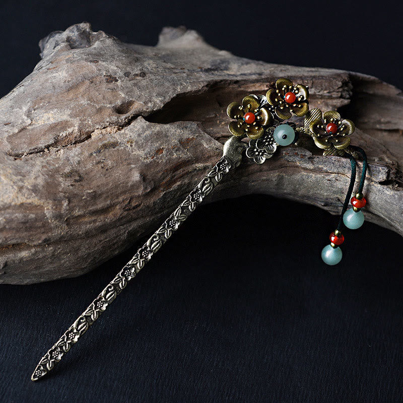 Foviel Green Aventurine Red Agate Alloy Flowers Soothing Hairpin