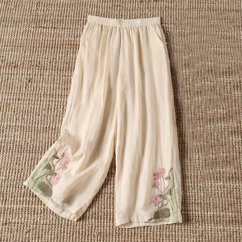 Buddha Stones Summer Embroidery Lotus Flower Lotus Leaf Pattern Women's Wide Leg Pants With Pockets - LightGoldenrodYellow - US14,UK/AU18,EU46 (4XL) - image 0
