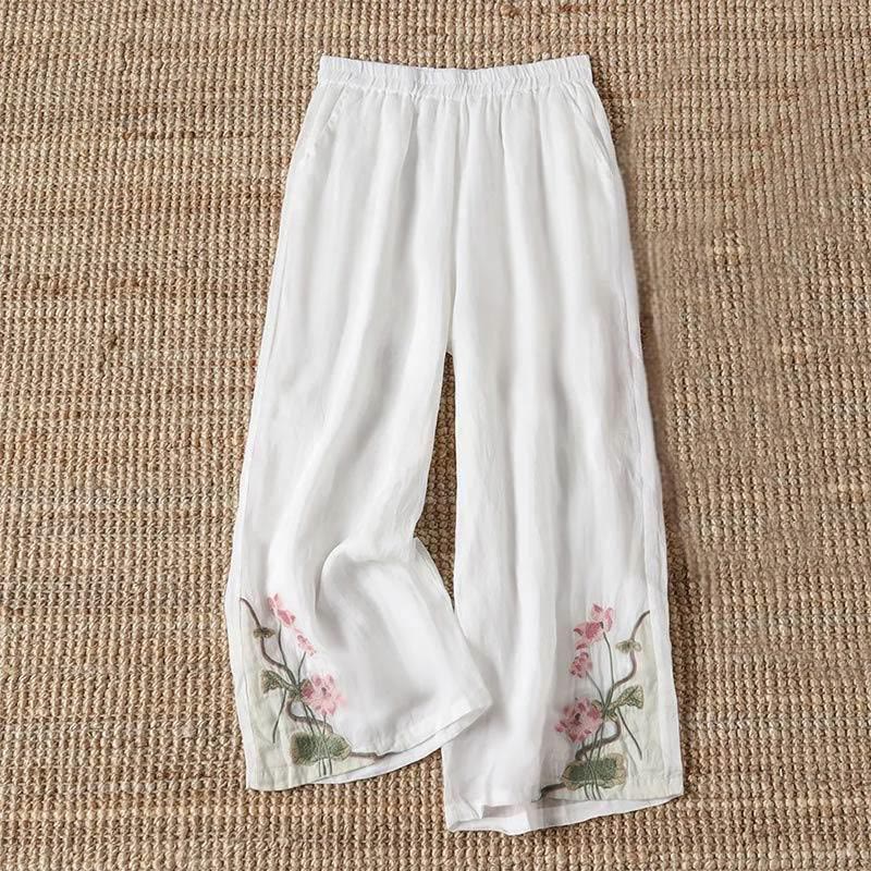 Buddha Stones Summer Embroidery Lotus Flower Lotus Leaf Pattern Women's Wide Leg Pants With Pockets - White - US14,UK/AU18,EU46 (4XL) - image 1