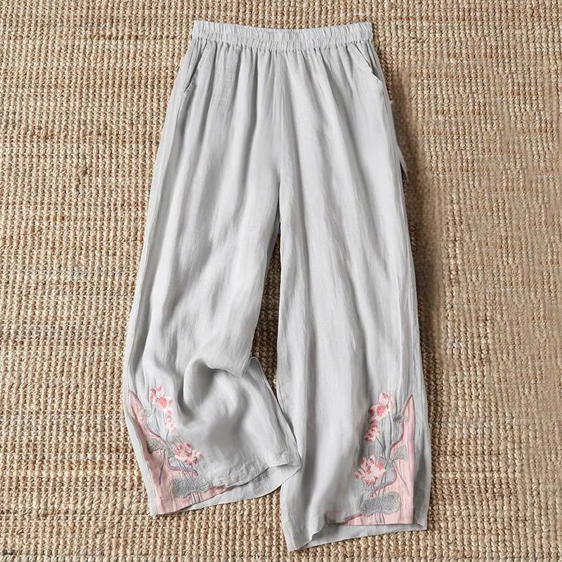 Buddha Stones Summer Embroidery Lotus Flower Lotus Leaf Pattern Women's Wide Leg Pants With Pockets - Silver - US14,UK/AU18,EU46 (4XL) - image 3