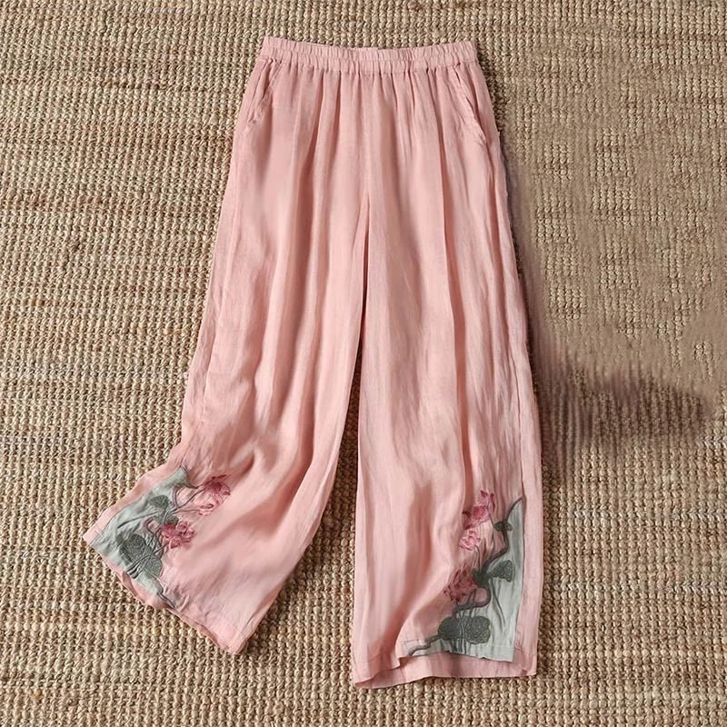 Buddha Stones Summer Embroidery Lotus Flower Lotus Leaf Pattern Women's Wide Leg Pants With Pockets - LightPink - US14,UK/AU18,EU46 (4XL) - image 2