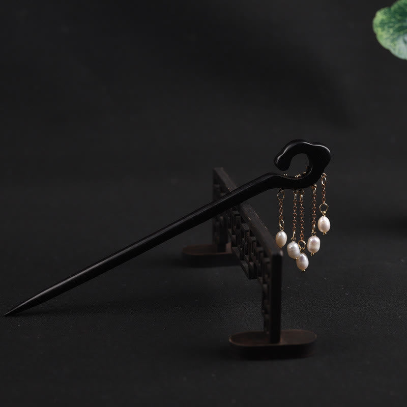Épingle à cheveux de protection Foviel Ebony Auspicious Cloud Pearl Tassel