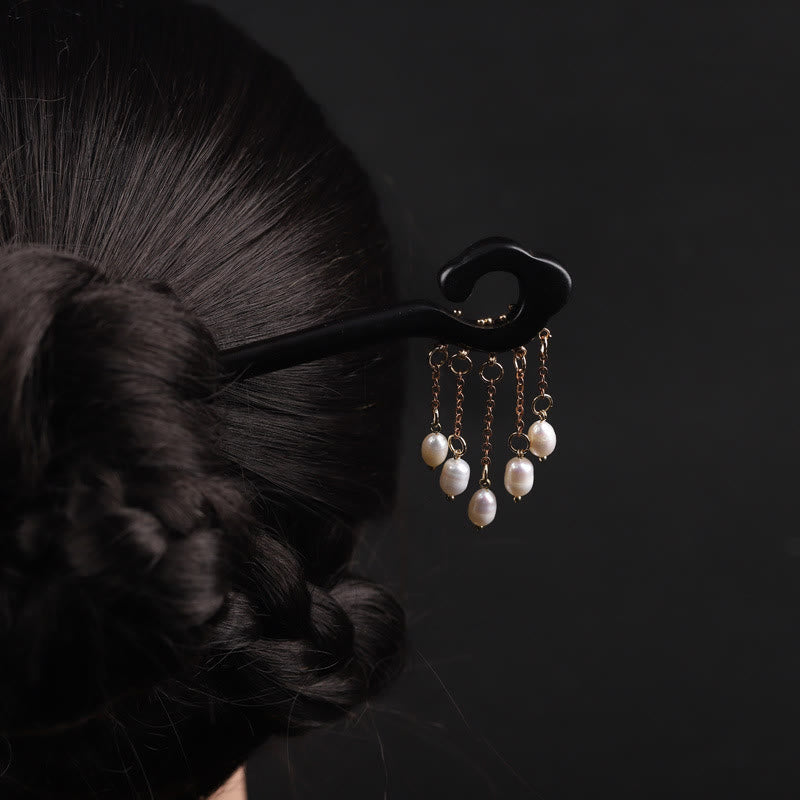 Épingle à cheveux de protection Foviel Ebony Auspicious Cloud Pearl Tassel
