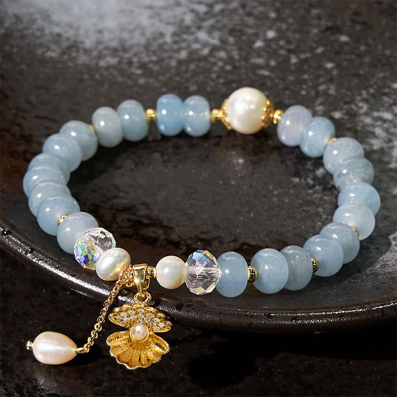 Foviel Natural Aquamarine Pearl Shell Healing Bead Bracelet