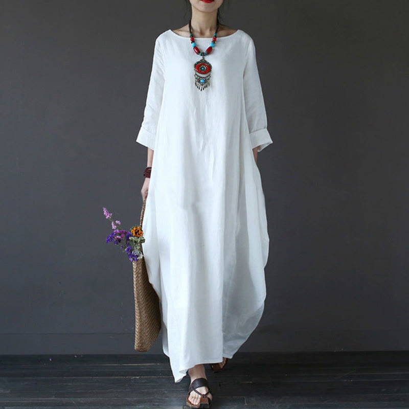 Buddha Stones Solid Color Three Quarter Sleeve Cotton Women's Maxi Dress - White - US16,UK/AU20,EU48 (5XL) - image 1