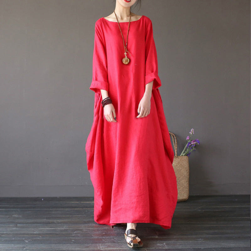 Buddha Stones Solid Color Three Quarter Sleeve Cotton Women's Maxi Dress - Red - US16,UK/AU20,EU48 (5XL) - image 6