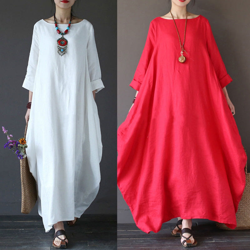 Buddha Stones Solid Color Three Quarter Sleeve Cotton Women's Maxi Dress - image 5
