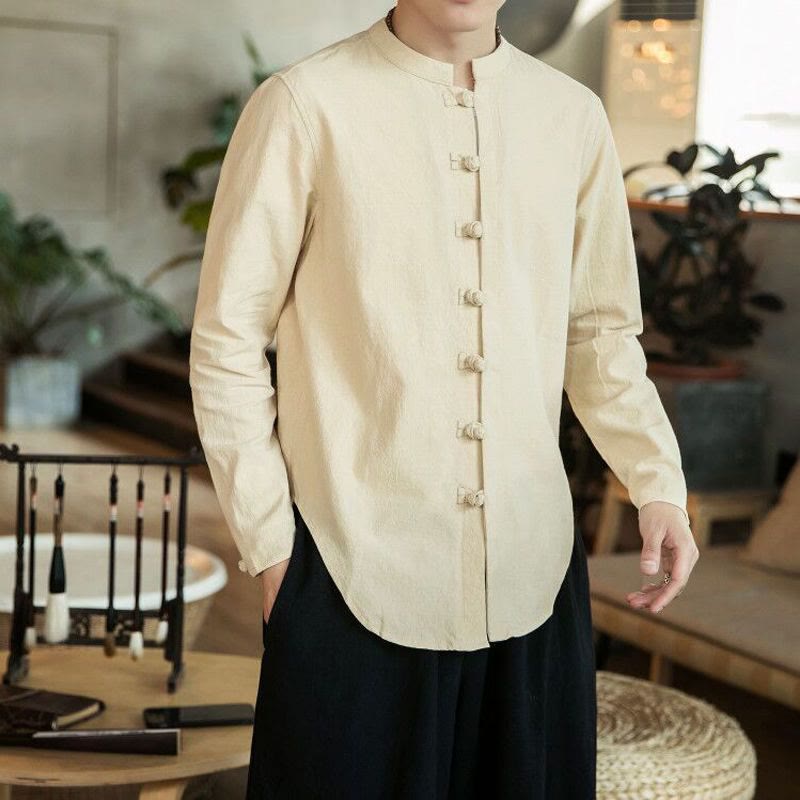 Buddha Stones Casual Stand Collar Frog-Button Long Sleeve Tang Suit Men's Shirt - Beige - US/UK/AU46,EU56 (5XL) - image 11