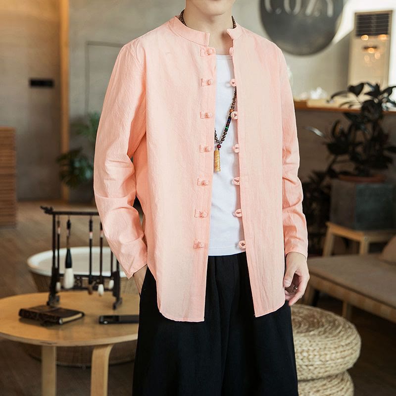 Buddha Stones Casual Stand Collar Frog-Button Long Sleeve Tang Suit Men's Shirt - LightPink - US/UK/AU46,EU56 (5XL) - image 13
