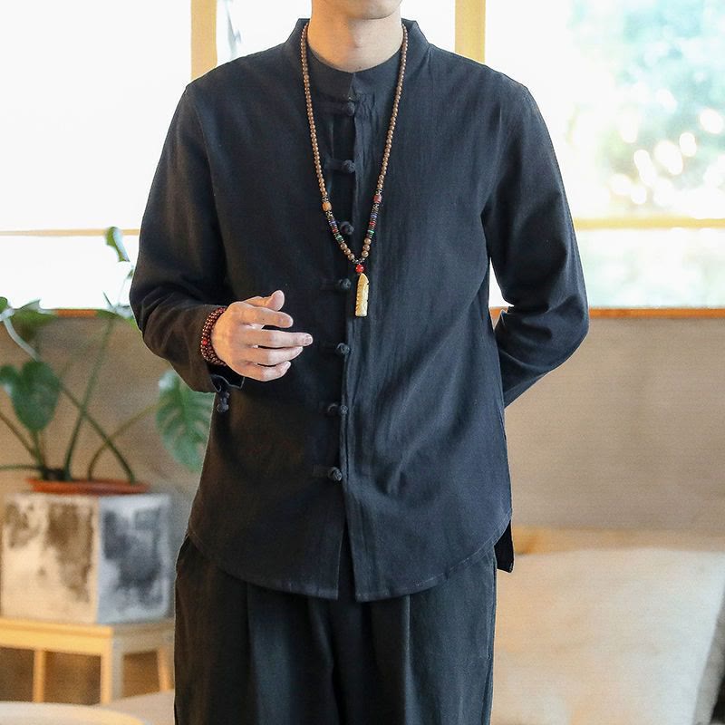 Buddha Stones Casual Stand Collar Frog-Button Long Sleeve Tang Suit Men's Shirt - Black - US/UK/AU46,EU56 (5XL) - image 6