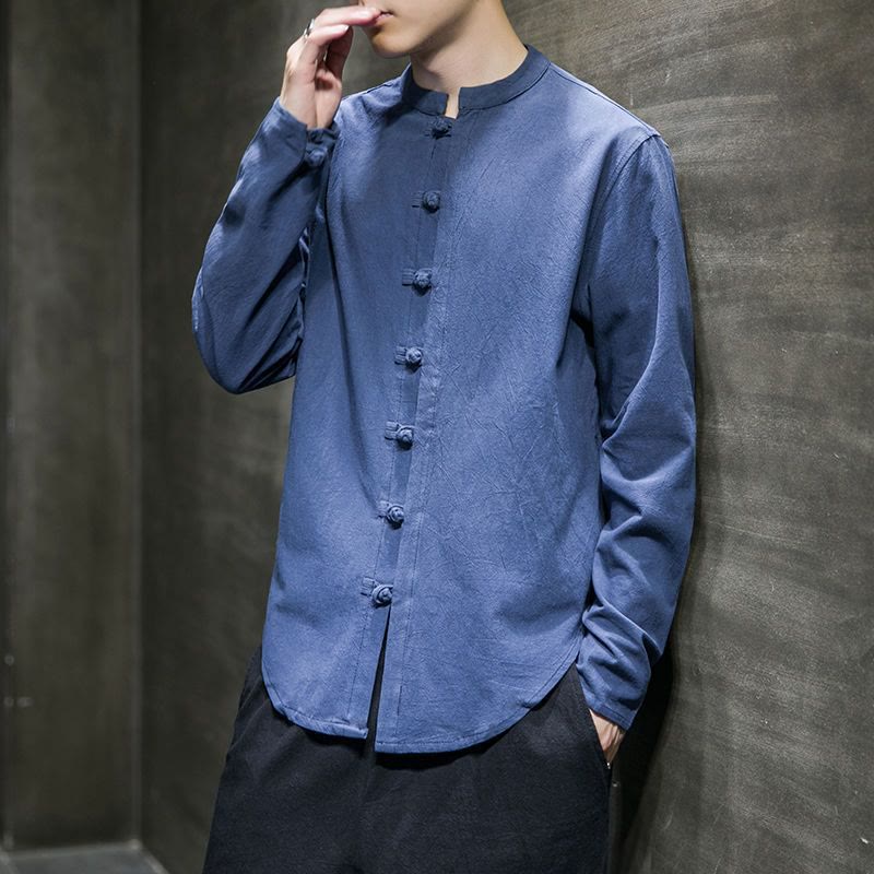 Buddha Stones Casual Stand Collar Frog-Button Long Sleeve Tang Suit Men's Shirt - CornflowerBlue - US/UK/AU46,EU56 (5XL) - image 14