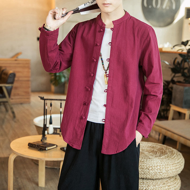 Buddha Stones Casual Stand Collar Frog-Button Long Sleeve Tang Suit Men's Shirt - Crimson - US/UK/AU46,EU56 (5XL) - image 15