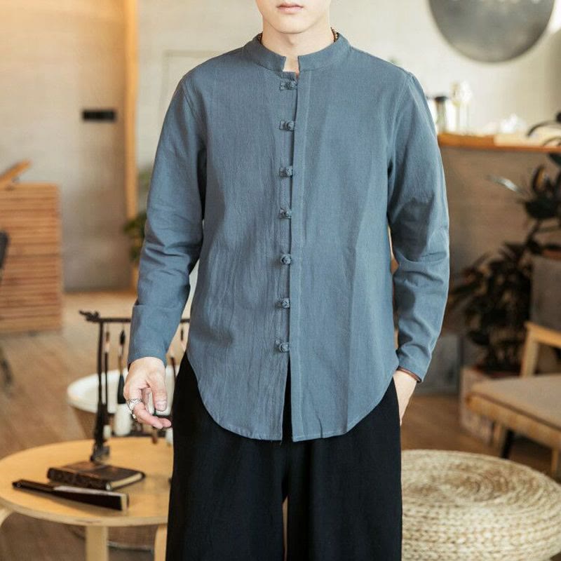 Buddha Stones Casual Stand Collar Frog-Button Long Sleeve Tang Suit Men's Shirt - DimGray - US/UK/AU46,EU56 (5XL) - image 10