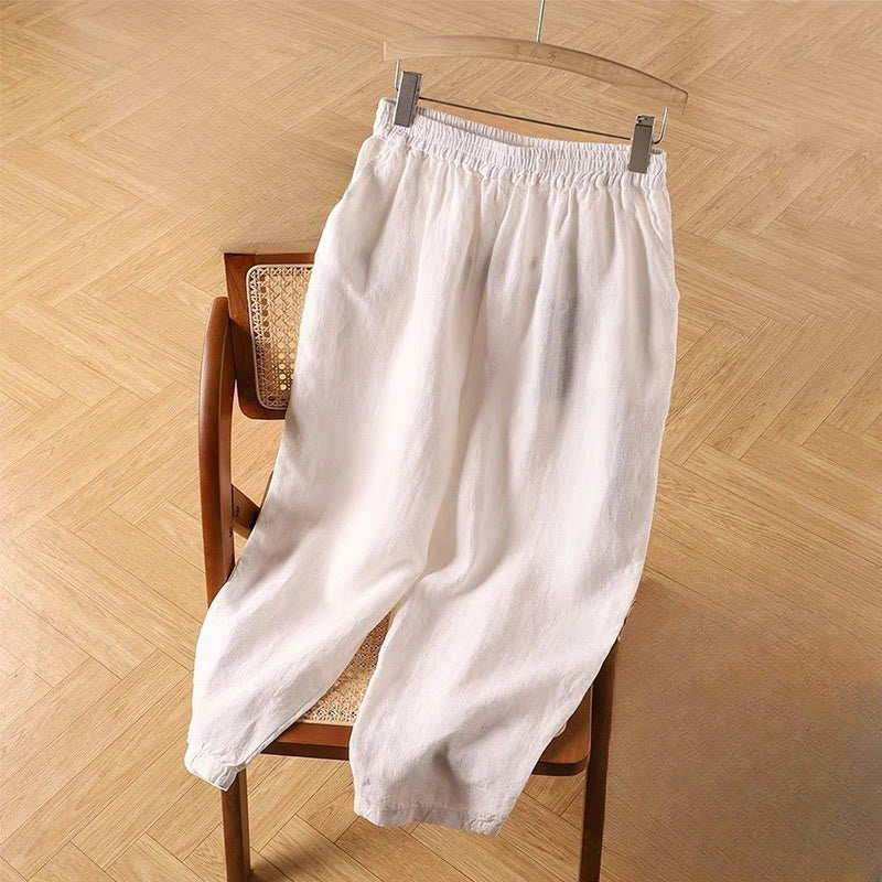 Buddha Stones Casual Plain High Waist Cotton Linen Women's Harem Pants With Pockets - FloralWhite - US14,UK/AU18,EU46 (4XL) - image 10