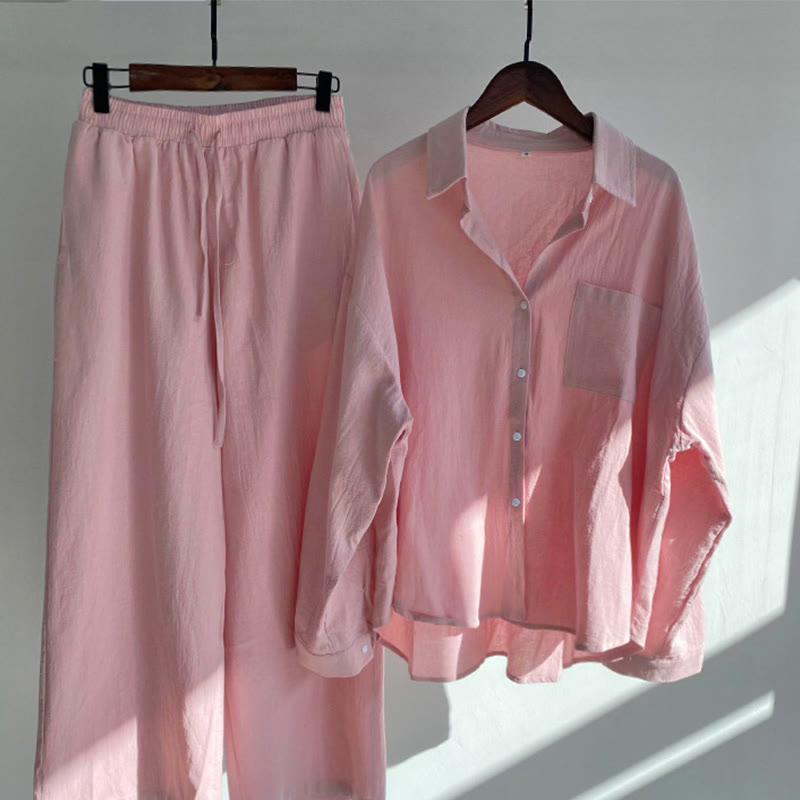 Buddha Stones 2Pcs Long Sleeve Shirt Top With Pockets Drawstring Pants Meditation Cotton Clothing Women's Set - LightPink - US20,UK/AU24,EU52 (5XL) - image 6