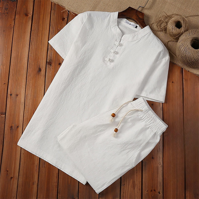 Buddha Stones 2Pcs Solid Color Frog-Button Tang Suit Cotton Linen Short Sleeve Pants Clothing Men's Set - White - US/UK/AU46,EU56 (5XL) - image 0