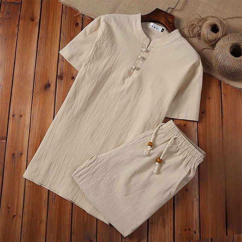 Buddha Stones 2Pcs Solid Color Frog-Button Tang Suit Cotton Linen Short Sleeve Pants Clothing Men's Set - Beige - US/UK/AU46,EU56 (5XL) - image 3