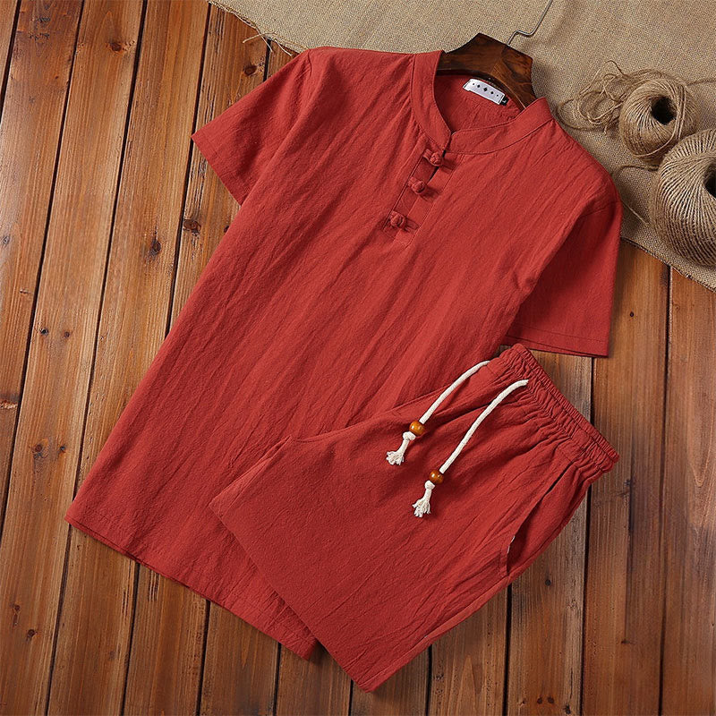 Buddha Stones 2Pcs Solid Color Frog-Button Tang Suit Cotton Linen Short Sleeve Pants Clothing Men's Set - Red - US/UK/AU46,EU56 (5XL) - image 13