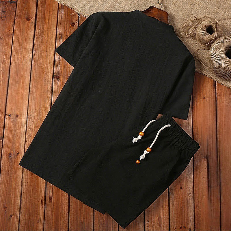 Buddha Stones 2Pcs Solid Color Frog-Button Tang Suit Cotton Linen Short Sleeve Pants Clothing Men's Set - image 2