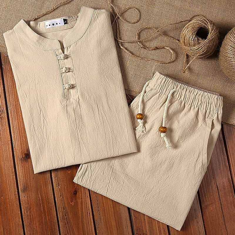 Buddha Stones 2Pcs Solid Color Frog-Button Tang Suit Cotton Linen Short Sleeve Pants Clothing Men's Set - image 4