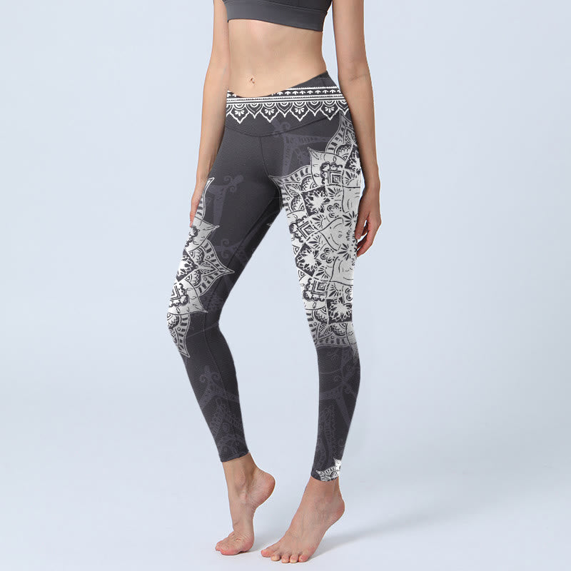 Buddha Stones Black Mandala Flowers Print Exercise Leggings Women's Yoga Pants - Black - US18,UK/AU22,EU50 (4XL) - image 0