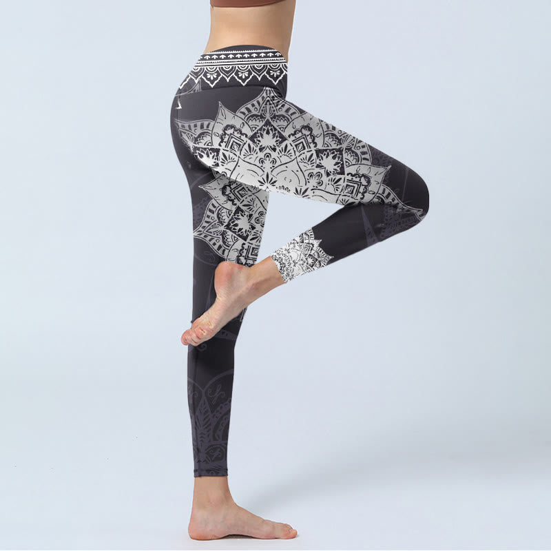 Buddha Stones Black Mandala Flowers Print Exercise Leggings Women's Yoga Pants - image 3