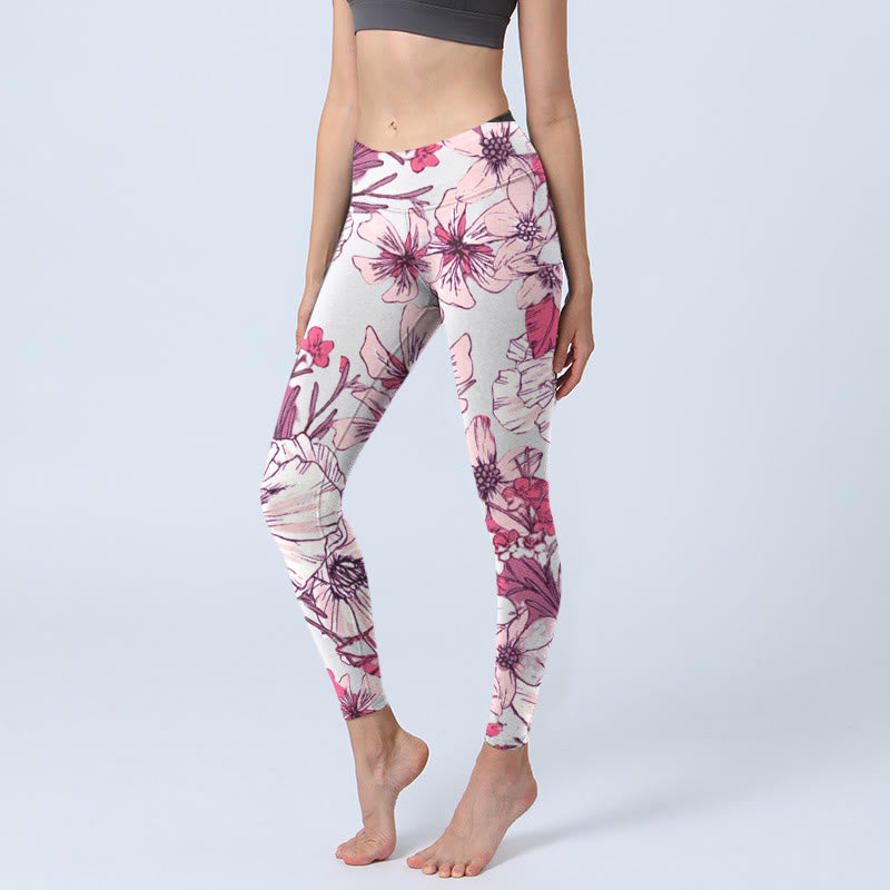Buddha Stones Pink Rose Red Flowers Print Exercise Leggings Women's Yoga Pants - Beige - US18,UK/AU22,EU50 (4XL) - image 1