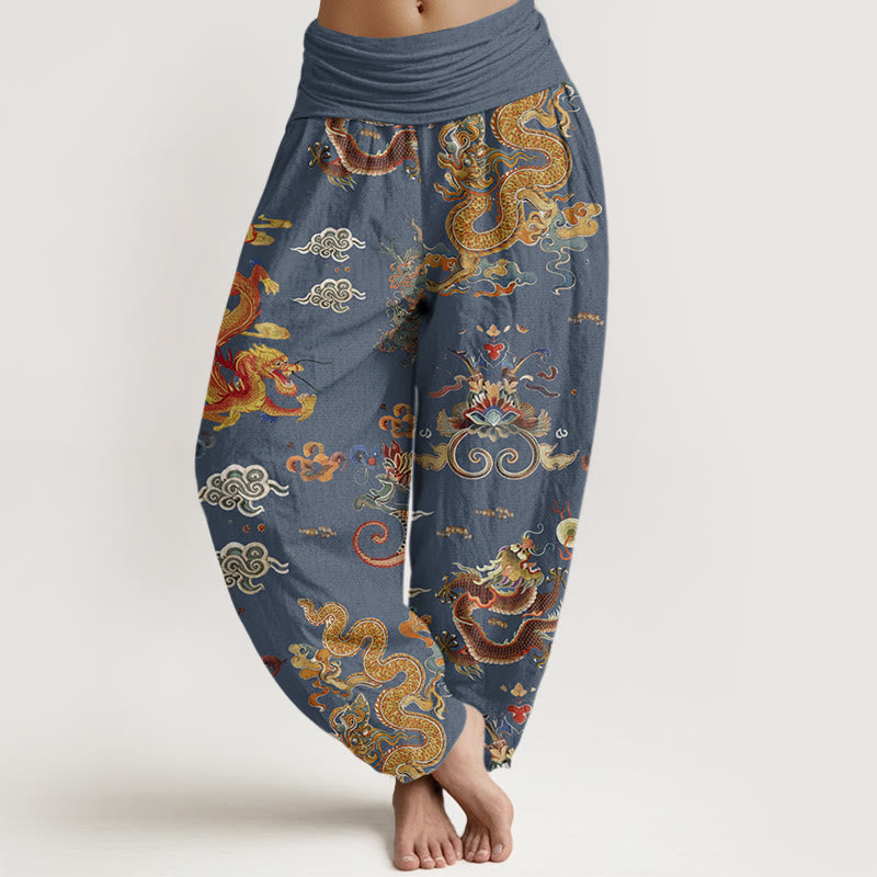 Buddha Stones Cotton Golden Dragons Auspicious Clouds Design Women's Elastic Waist Harem Pants - SteelBlue - US22,UK/AU26,EU54 (6XL) - image 4