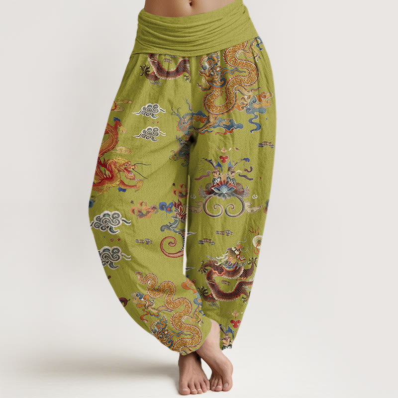 Buddha Stones Cotton Golden Dragons Auspicious Clouds Design Women's Elastic Waist Harem Pants - YellowGreen - US22,UK/AU26,EU54 (6XL) - image 7