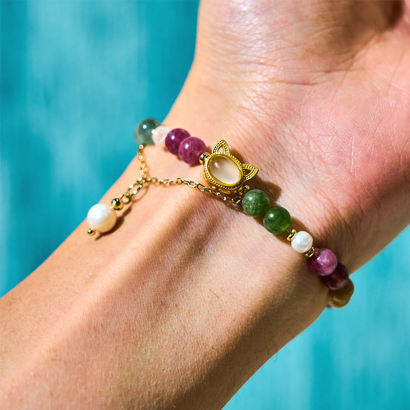 Bracelet porte-bonheur Foviel chat chanceux en tourmaline colorée