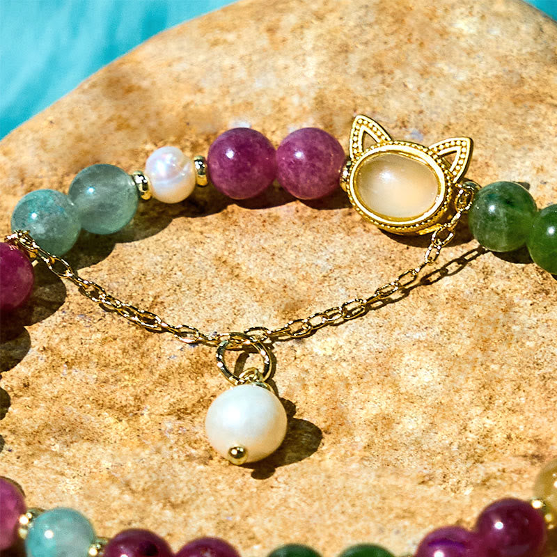 Bracelet porte-bonheur Foviel chat chanceux en tourmaline colorée