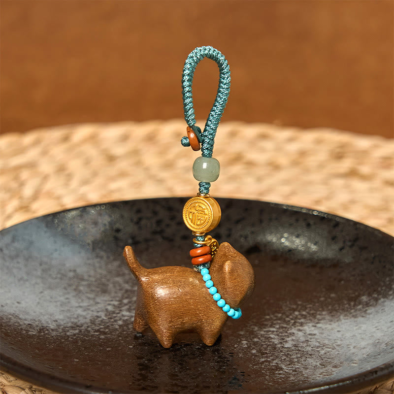 Foviel Hetian Jade Natural Sandalwood Red Sandalwood Green Sandalwood Fu Character Abundance Key Chain