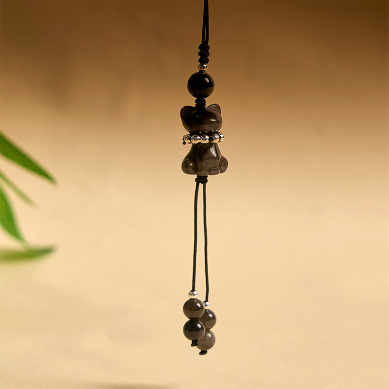 Foviel Natural Silver Sheen Obsidian Noble Kitten Cat Soothing Phone Hanging Decoration