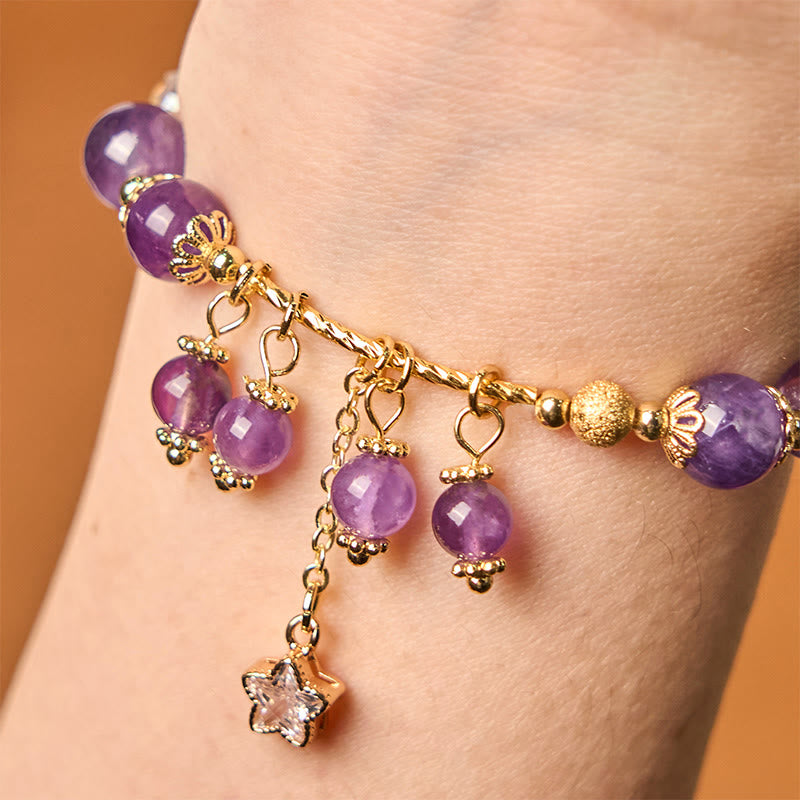Foviel Natürliche Amethyst Vier Blatt Clover Star Peace Armband