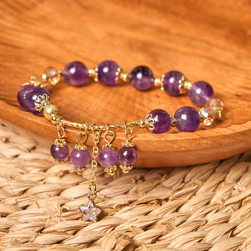 Foviel Natürliche Amethyst Vier Blatt Clover Star Peace Armband