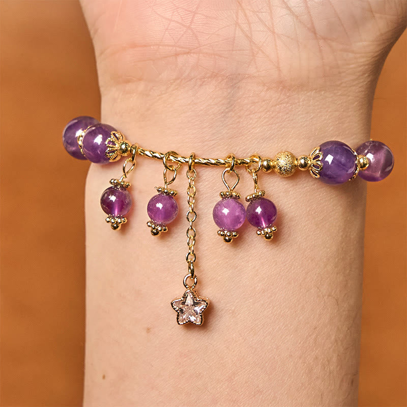 Foviel Natürliche Amethyst Vier Blatt Clover Star Peace Armband