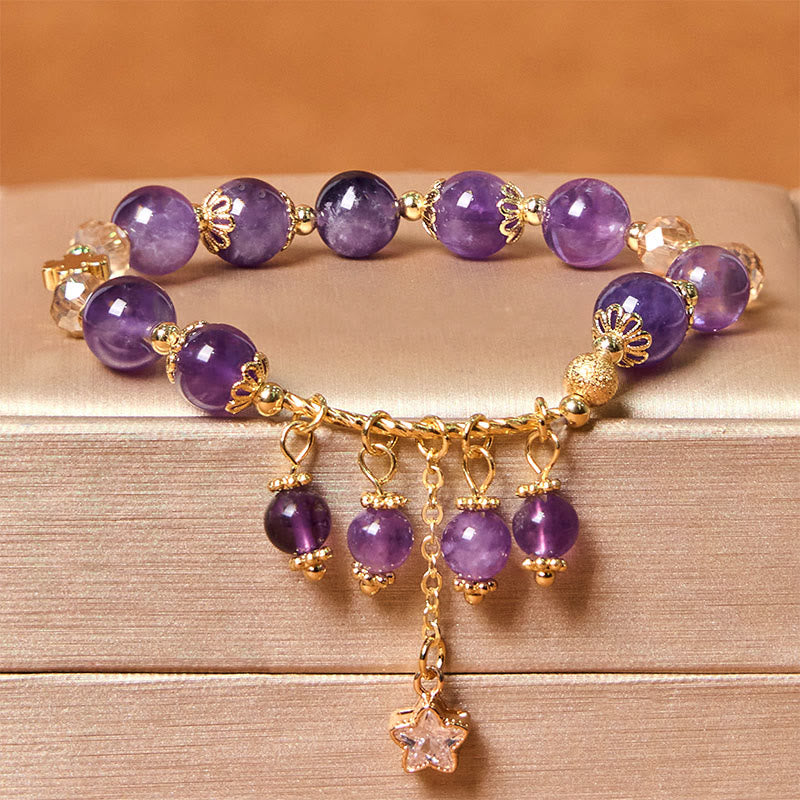 Foviel Natürliche Amethyst Vier Blatt Clover Star Peace Armband