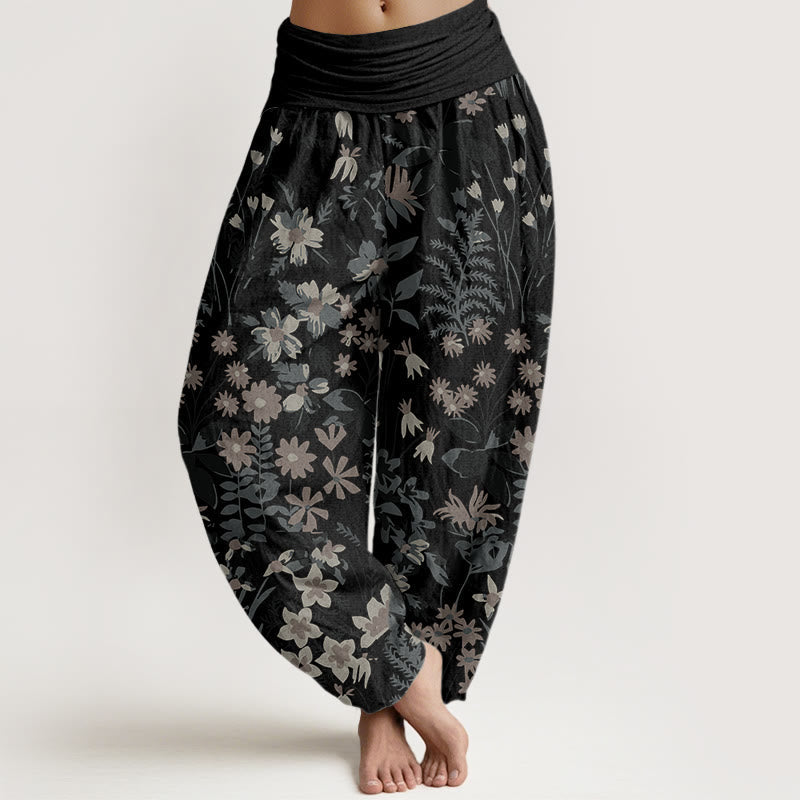 Buddha Stones Casual Daisy Flowers Leaves Design Women's Elastic Waist Harem Pants - Black - US22,UK/AU26,EU54 (6XL) - image 5