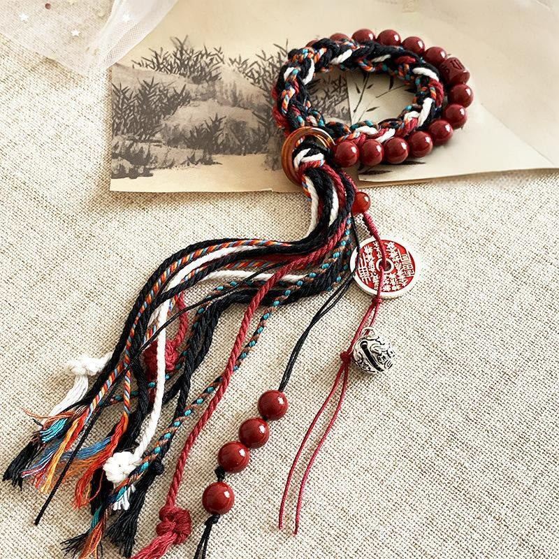 Foviel Tibetan Mountain Ghosts Spend Money Cinnabar Double-Layer Red Rope Tassel Protection Bracelet