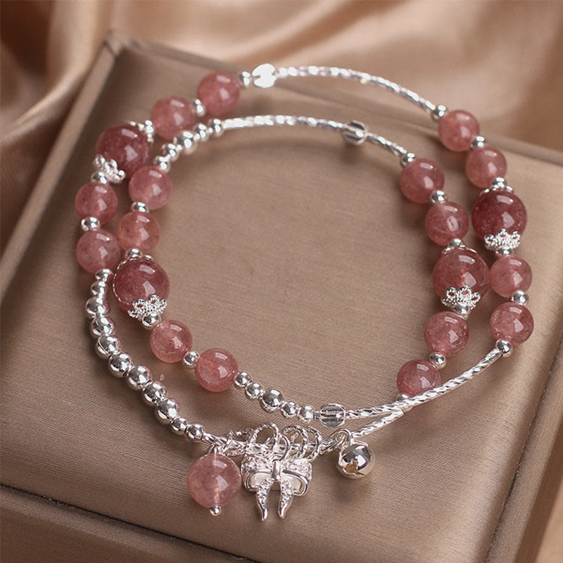 Bracelet double tour à breloque rosette et nœud en quartz fraise naturel Foviel