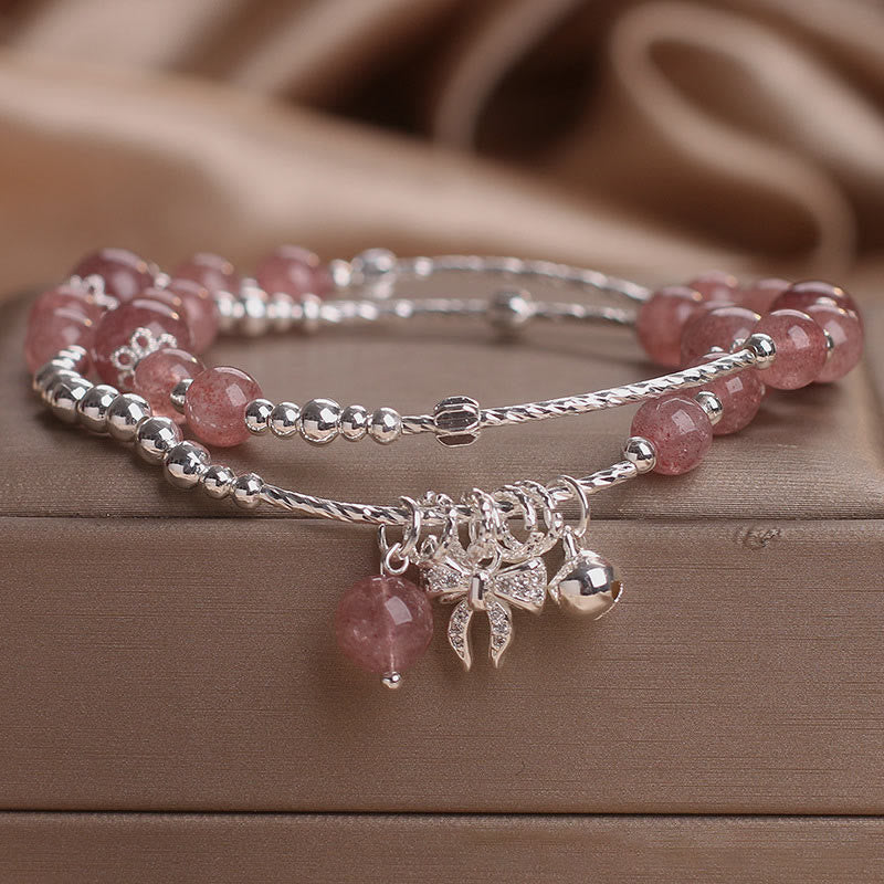 Bracelet double tour à breloque rosette et nœud en quartz fraise naturel Foviel
