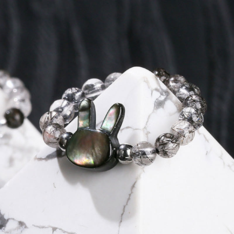 Bague chat lapin en quartz rutile noir 3 mm et pierre tridacna Foviel