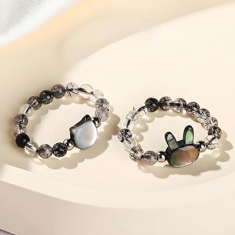 Bague chat lapin en quartz rutile noir 3 mm et pierre tridacna Foviel