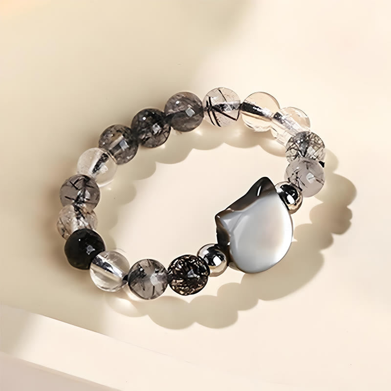 Bague chat lapin en quartz rutile noir 3 mm et pierre tridacna Foviel