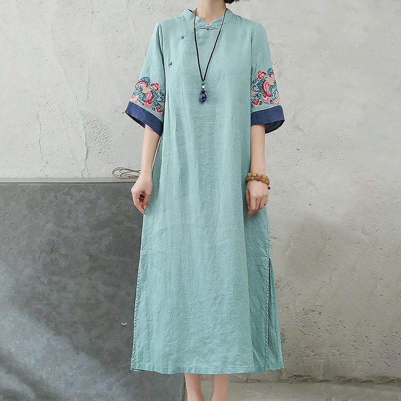 Foviel Embroidery Frog-Button Half Sleeve Women's Midi Dress
