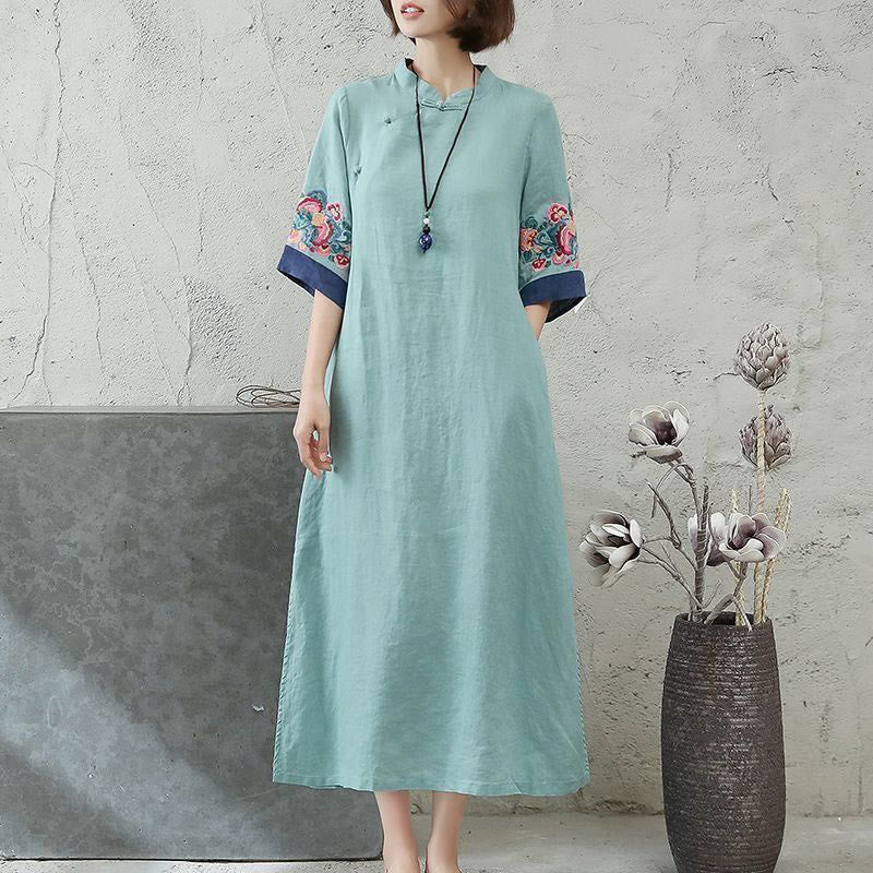 Foviel Embroidery Frog-Button Half Sleeve Women's Midi Dress