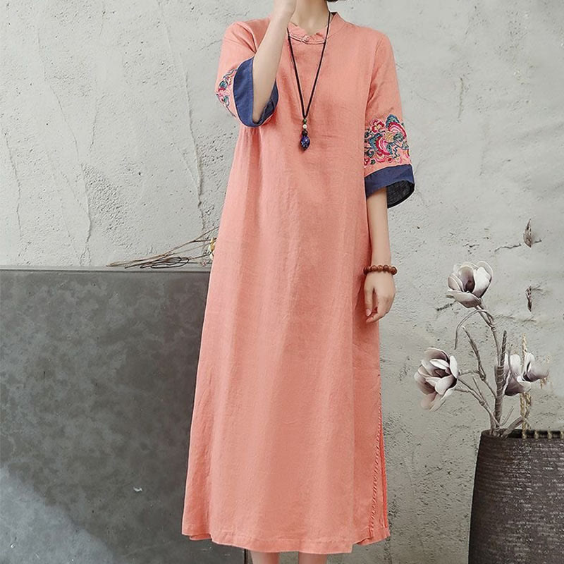 Foviel Embroidery Frog-Button Half Sleeve Women's Midi Dress